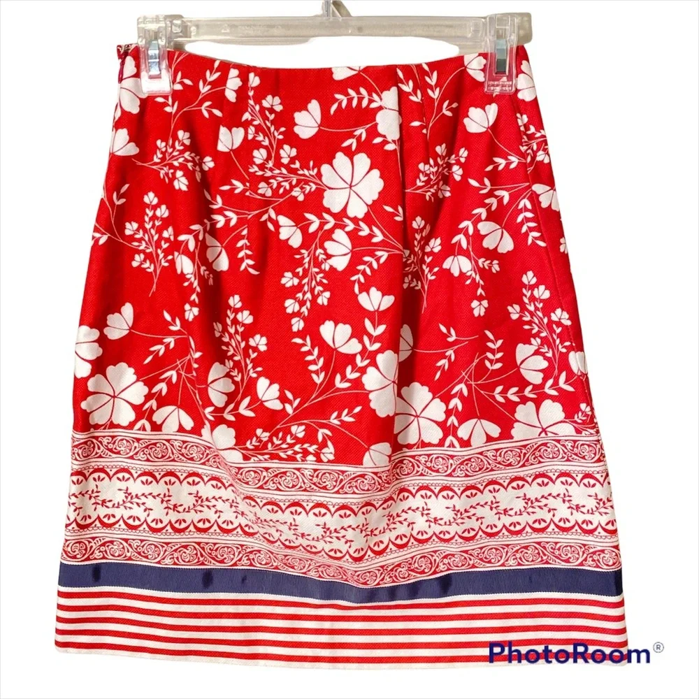 LOFT Ann Taylor Pencil Skirt Size 2 Red White Floral Stripe Nautical Preppy